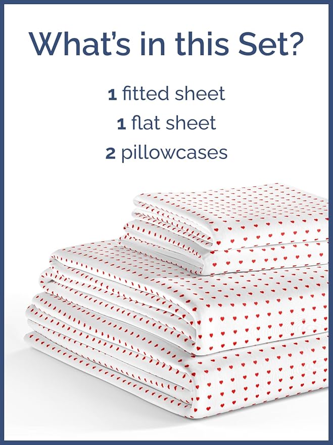 Kids Queen Size Bed Sheet Set - 4 Piece Kids Loft Bed Sheets - Soft, Cute and Cozy - Comfy, Breathable and Machine Washable - Easy-Care & Wrinkle Free Hearts Bed Set for Boys, Girls, Teens & Toddlers