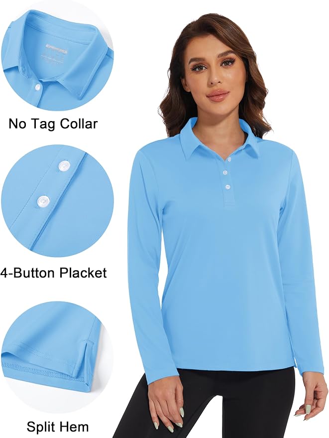 MAGCOMSEN Long Sleeve Polo Shirts for Women Golf Tops with Collar Work | UPF 50+ Sun Protection, 4 Buttons, Moisture Wicking, Breathable, 4-Way Stretch, Collared, Quick Dry, Active, Casual, Tennis