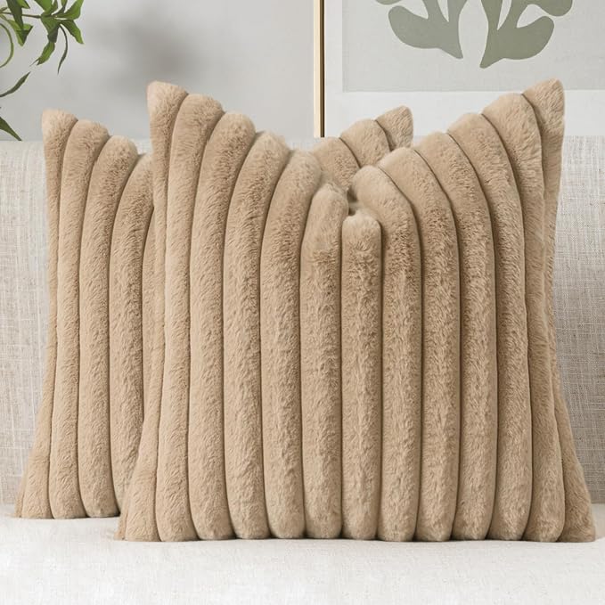 MIULEE Faux Fur Decorative Euro Sham Pillow Covers 24x24 Khaki 2 Pack | Modern Fall Soft Plush Couch Pillows, Cozy Fluffy Cushion Covers for Sofa Bed Living Room Home Decor