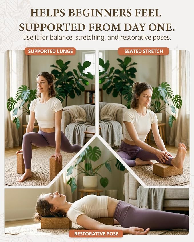Trideer Cork Yoga Blocks, 2 Pack Yoga Blocks Natural Cork, High Density Yoga Block with Non Slip Surface, Eco-Friendly Yoga Accessories for Women, Ideal for Yoga, Pilates, Stretching