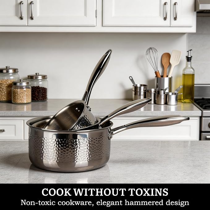 imarku 14-Piece Tri-Ply Hammered Stainless Steel Cookware Set | Multifunctional 14pc Pots and Pans with Steamer | Non-Toxic No-Coating Nonstick | Induction & Oven-Safe up to 500°F