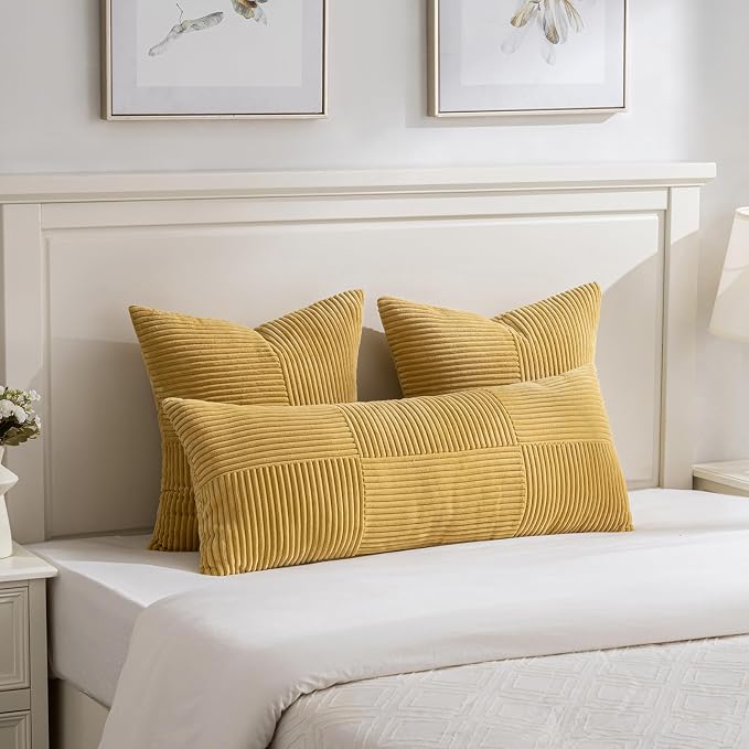 Fancy Homi 2 Packs Mustard Yellow Lumbar Decorative Throw Pillow Covers 12x20 Inch for Living Room Couch Bed, Rustic Farmhouse Boho Home Decor, Soft Striped Corduroy Rectangle Accent Cushion Case