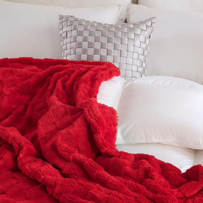 Red Fleece Throw Blanket 108”×90”Checkered Design for Couch Sofa | Super Soft Cozy Plush Microfiber 3D Square Pattern Flannel Blanket for Bed Lightweight for Adults,Women
