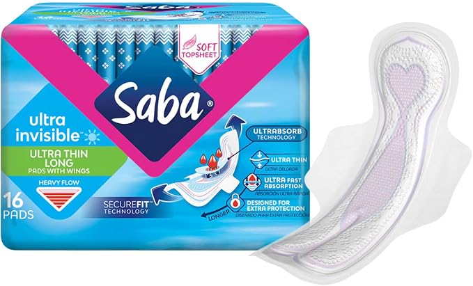 SABA Ultra Invisible Ultra Thin Long Pads with Wings, Regular Flow, 3-Pack of 16 Pads (48 Count)