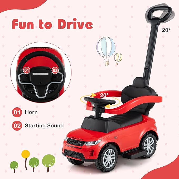 Costzon Push Car for Toddlers, 3 in 1 Land Rover Discovery Stroller Sliding Walking Car with Handle, Horn Sound, Underneath Storage, Armrest Guardrail, Foot-to-Floor Ride On Toy for Boys Girls (Red)