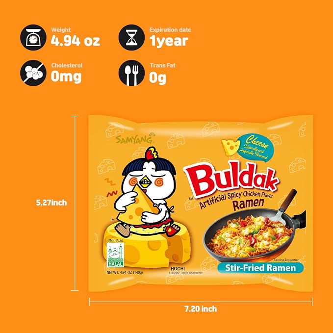 Samyang Buldak Cheese Spicy Hot Chicken Stir-Fried Noodles 4.94oz (Pack of 5)