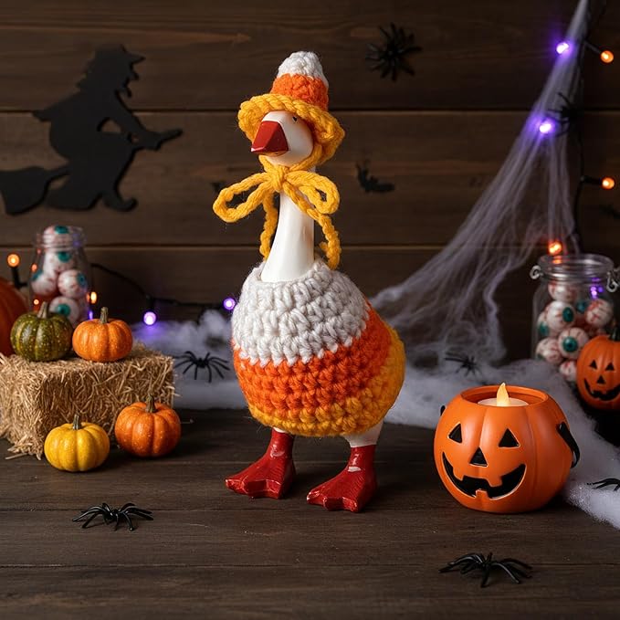 Halloween 7inch Desk Goose Outfits Mini Knitted Costume with Hat for Desk Magnetic Goose Key Holder Halloween Decor (Witch)(1 Set,Candy Cone)