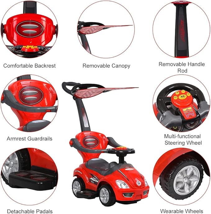 ChromeWheels 3 in 1 Ride on Toys Pushing Car with Removable Sun Visor, Mega Car for Toddlers w/Handle & Horn & Music, Color Red