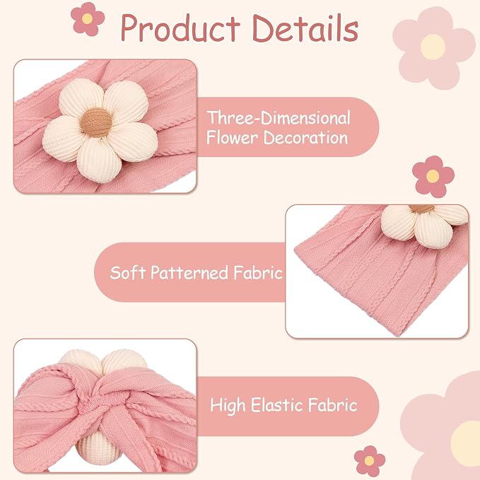 CÉLLOT Baby Flower Headbands Baby Girls Nylon Headbands Baby Essentials Stretchy Hairbands Handmade Hair Accessories for Newborn Infant Toddlers Kids (Pink,Brown,Beige)