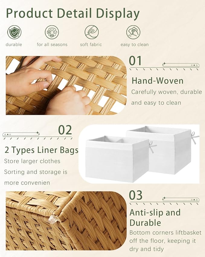 SETVSON Storage Basket with Lid Rattan Woven Storage Baskets with 2 Separate Lids, 17.2 Gallon (65 L), 22 x 13 x 13.8 Inches,Foldable, 2 Removable Liner Bags Handles for Bedroom, Laundry Room Natural