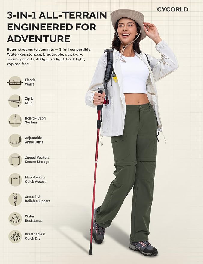 Cycorld Women's-Hiking-Pants-Convertible Quick-Dry-Stretch-Lightweight Zip-Off Outdoor Pants with 5 Deep Pockets