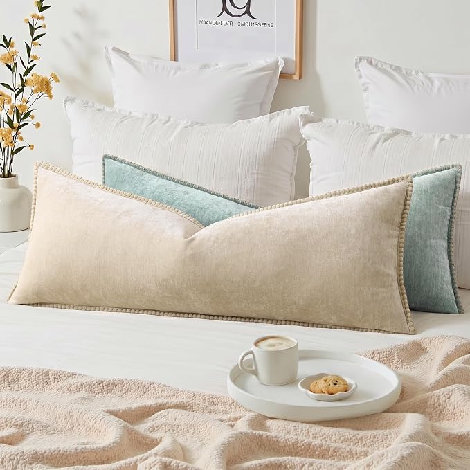 decorUhome Soft Chenille Throw Pillow Covers 14x36 Pack of 1 Beige | Fall Textured Decorative Throw Pillow Cases Stitched Edge Modern Farmhouse Luxury Boho Velvet for Couch Sofa Bed Home Decor