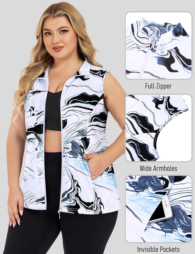 Misyula Style Plus Size Womens Golf Shirt Full-Zip with Pockets Tank Tops | Sleeveless, Quick Dry, Moisture-wicking, Lightweight Vests, Athletic, Tennis, Running, Workout, Casual, Travel, Work
