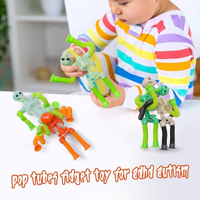 Pop Tubes Skeleton Fidget Toys for Kids, 4Pack Fidget Pop Toys Telescopic Suction Cup Toy for Stress and Anxiety Relief, Halloween Goody Bag Fillers for Kids and Toddlers (4Pack Skull)