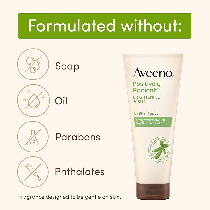Aveeno Positively Radiant Skin Brightening Daily Facial Scrub with Moisture-Rich Soy Extract, Gently Exfoliates & Cleanses for Soft, Smooth, More Even-Toned Skin, Hypoallergenic, 7 oz