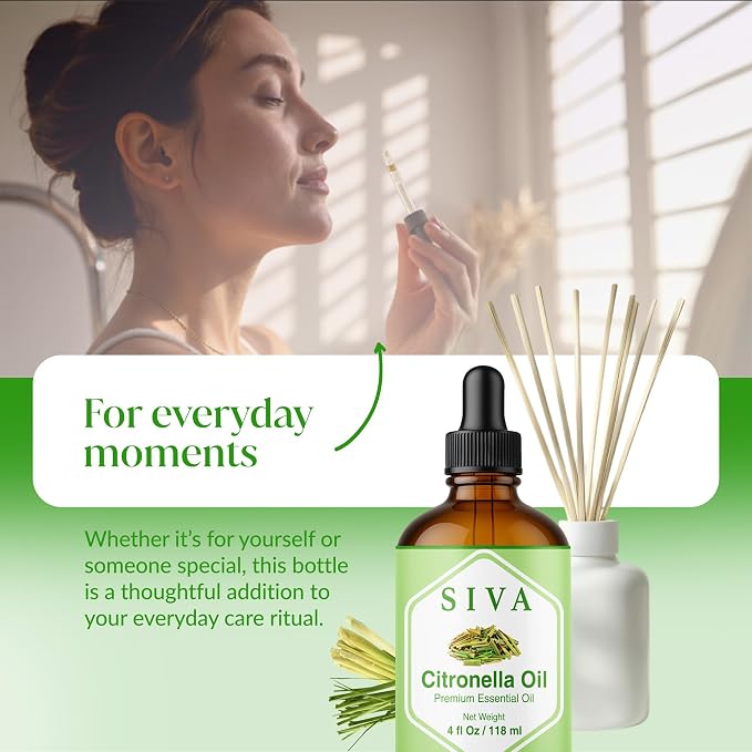 Siva Citronella Essential Oil 4 Fl Oz – for Diffuser, Skin & Hair Care – Ideal for Massage & DIY Blends- with Dropper