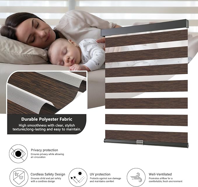 AOSKY Cordless Zebra Blinds for Windows Pull Down Roller Window Shades Dual Layer Light Filtering Privacy for Day and Night, Free-Stop Door Shades for Home Easy to Install Brown 45" W X 72" H