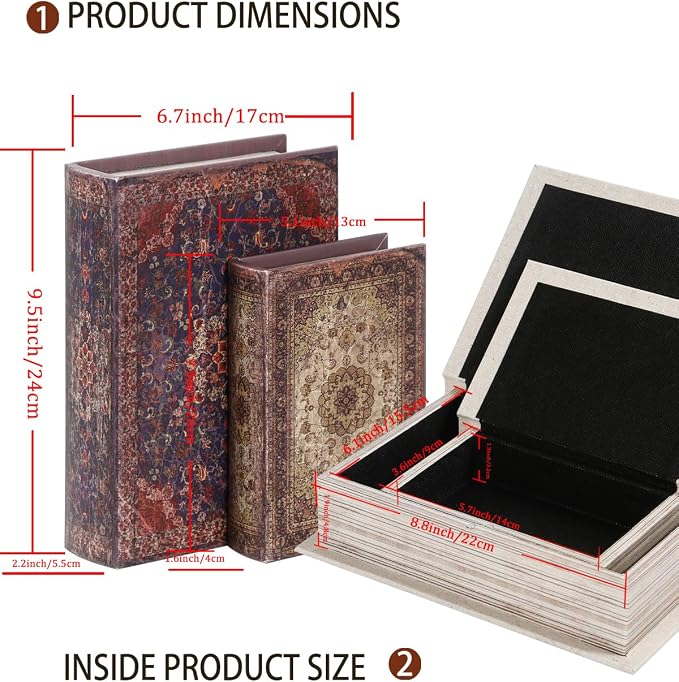 Decorative Wooden Book Box Set of 2 - Vintage Faux Book Boxes for Home Decor, Secret Storage with Magnetic Closure, Antique Style, Persian Rug Pattern Leather Cover, Perfect for Home Office Bookshelf