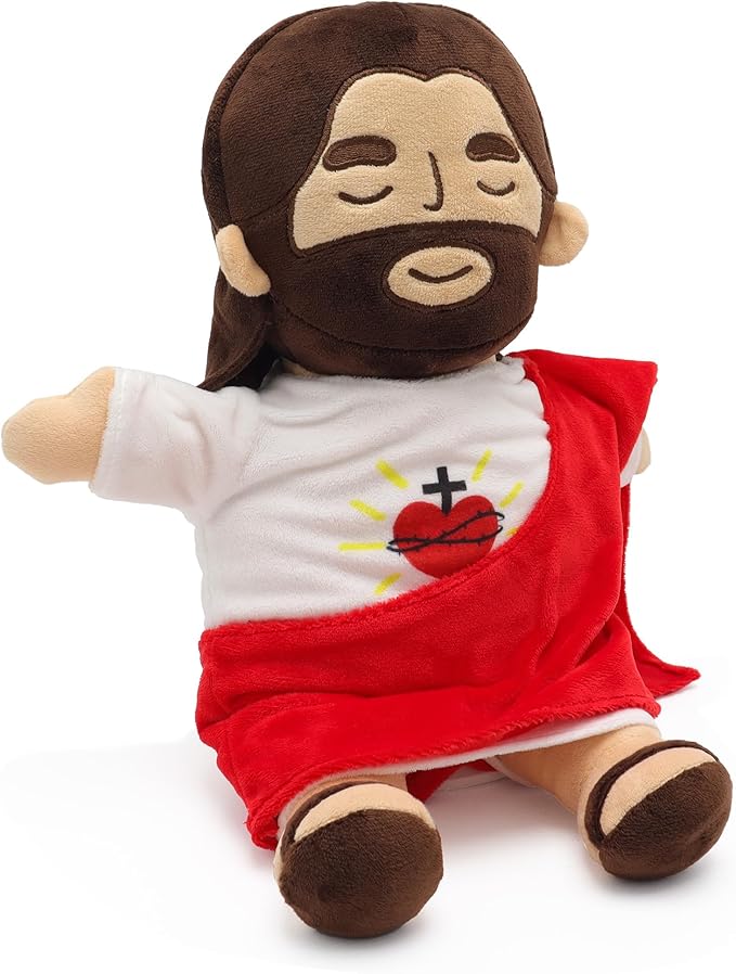 Officially Jesus Plush Breathing Soothing Stuffed Animal Heart of Jesus Toy Savior Doll for Church Sunday School Religious Easter Gift (Brown)