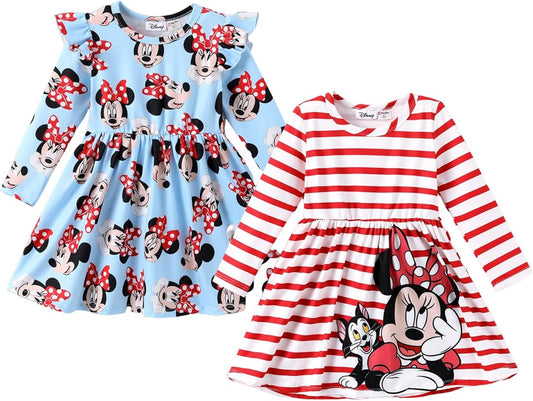 Disney Frozen Elsa Stitch Princess Minnie Mouse Toddler Girl Dresses 2 Pack Ruffle Long Sleeve Dress Set (3 Months - 6 Years)