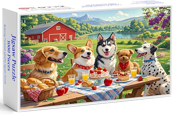 Puzzles for Adults 1000 Pieces - Doggy Picnic Colorful Jigsaw Puzzles, Fun Family Game, Challenging Brain Teaser, 28 x 20 in, Great Gift Idea & Home Decor (Doggy Picnic)