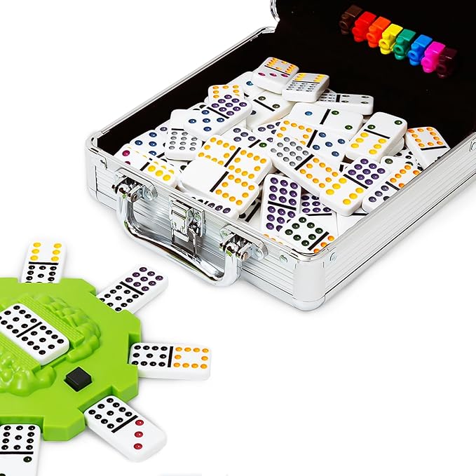 Yinlo Mexican Train Dominoes Set，Double 12 Dominoes with Train Sound Effect, Portable Travel Games, 91 Tiles Colored Dots Domino Game Set with Aluminum Case, Ideal Gift