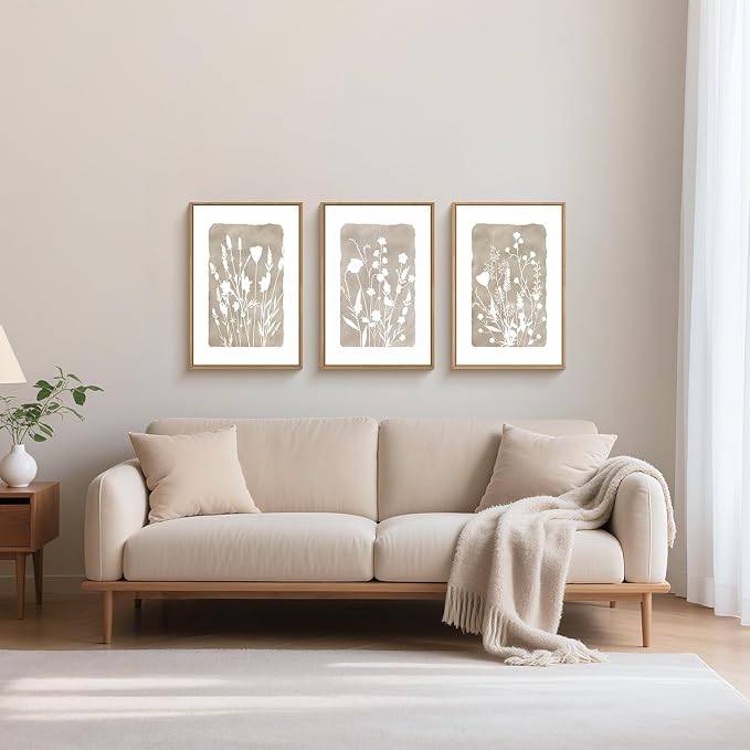 FWIEXA Neutral Botanical Canvas Wall Art Set 3, Minimalist Boho Wildflowr Framed Prints, Beige Floral Paintings, 16x24In Rustic Plant Artwork Poster for Farmhouse, Gift, Living Room, Bedroom, Office