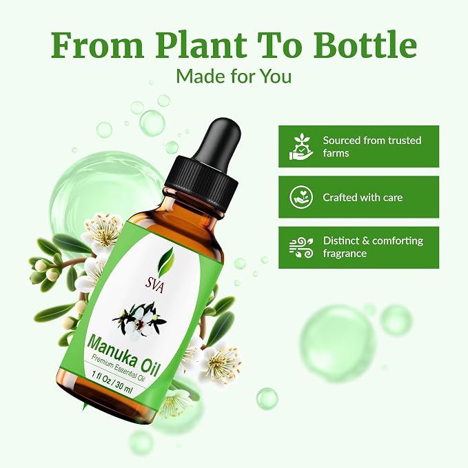 SVA Manuka Essential Oil 1 Fl Oz – for Diffuser, Skin & Hair Care – Ideal for Massage & DIY Blends – with Dropper