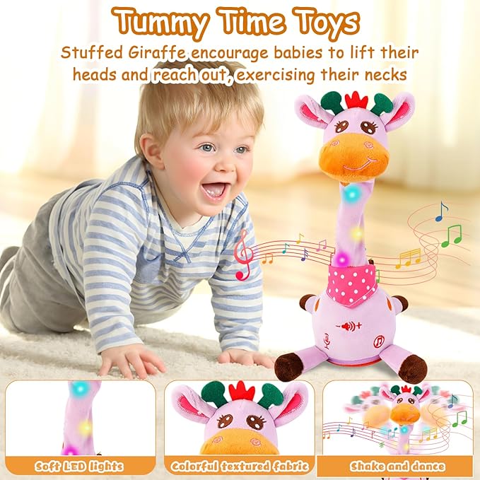 Dancing Talking Singing Giraffe Baby Toy, Tummy Time Toy Giraffe Stuffed Animal with Volume Adjustment, Singing 10 Children's Songs Light Up Toys, Repeating What You Say (Cute Purple)