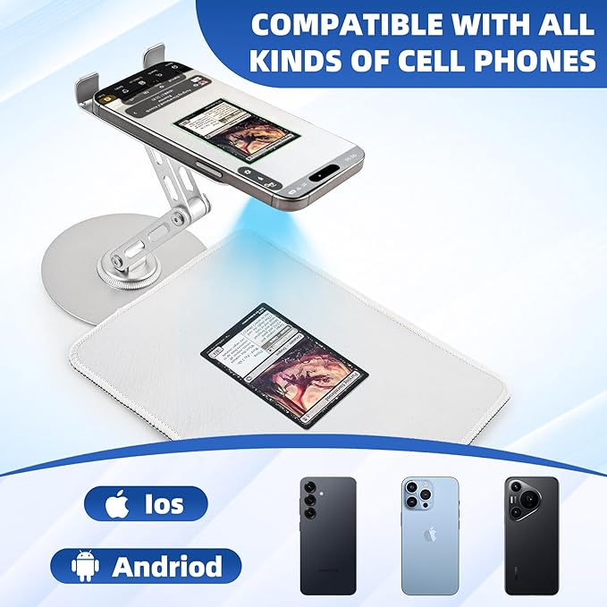Foldable MTG Trading Card Scanner Stand,Carbon Steel Phone Holder Includes 50 Standard Size Card Sleeves and Scanning Pad,Ideal for Quickly Scan and Price Check,Available for ManaBox (silver)