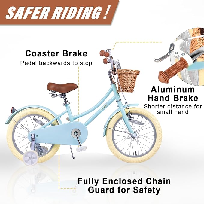 Glerc Little Molly 12-20 Inch Kids Retro Cruiser Bike for 2-13 Year Old with Wicker Basket & Training Wheels/Kickstand, Multiple Colors