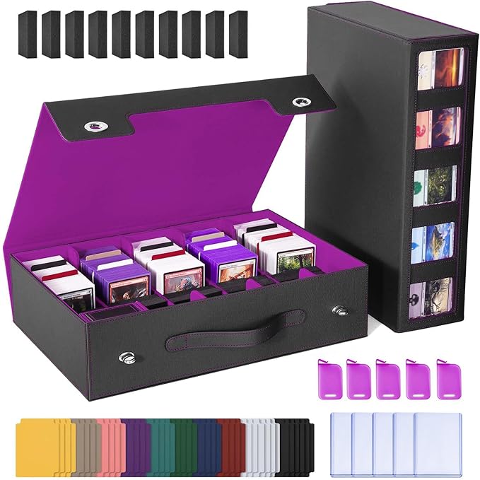 UAONO Trading Card Storage Box with Commander Display, 5 Row Magic Card Box with Handle & Aluminum Alloy Locking for 3900+ Unsleeved Cards Suits for MTG PTCG TCG Sports Cards (Black Purple)