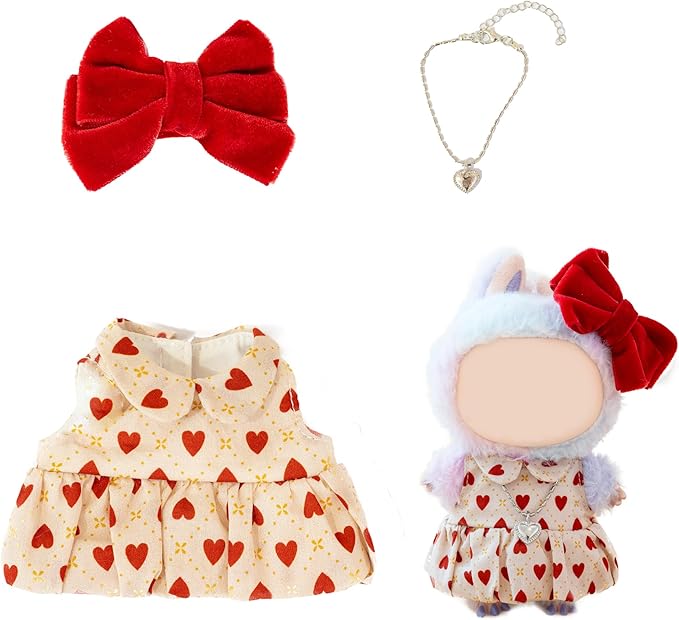 Clothes for Labubu Doll,6.7 Inch Doll Clothing Set - 4 Pieces of Handmade Clothes and Accessories for 17cm Plush Toy - Pink and White Colorblock Piglet Top + Pink Tutu Skirt + Bow Tie