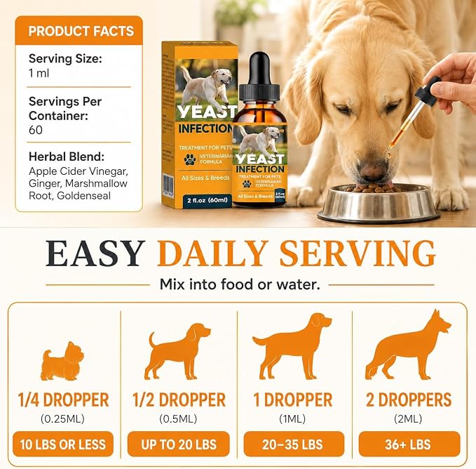 Yeast Infection Treatment for Dogs, Fast Soothing for Skin & Ear | Natural Herbal Care, Relieves Itchy Skin, Paw Licking & Irritation, for Skin Odor & Seasonal Discomfort, All Breeds, 60 ml