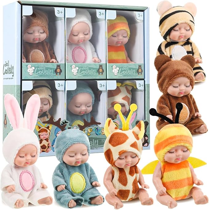 6 Pcs 4.3 Inch Mini Baby Dolls Set with Cute Small Animal Baby Doll Clothes, Child-Safe Role Play Toys for Toddlers Girls Boys Kids 3+ Christmas Birthday Gift Sets