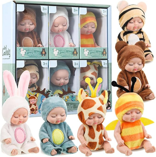 6 Pcs 4.3 Inch Mini Baby Dolls Set with Cute Small Animal Baby Doll Clothes, Child-Safe Role Play Toys for Toddlers Girls Boys Kids 3+ Christmas Birthday Gift Sets