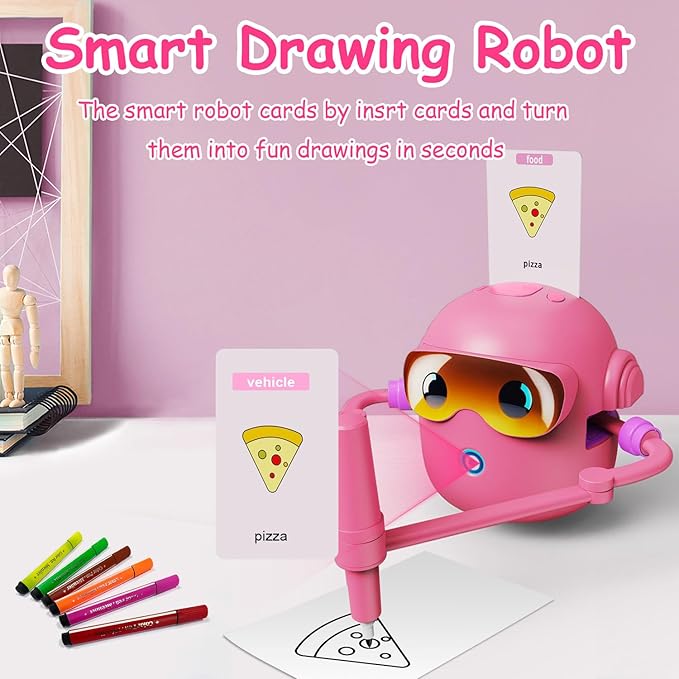 Custer's Night Drawing Robot for Kids - Montessori Painting Toys for 3 4 5 6 7 8 Year Old, Voice Interactive Educational Drawing Machine with 100 Cards,12 Colorful Pens & Music-Gift for Boys Girls P