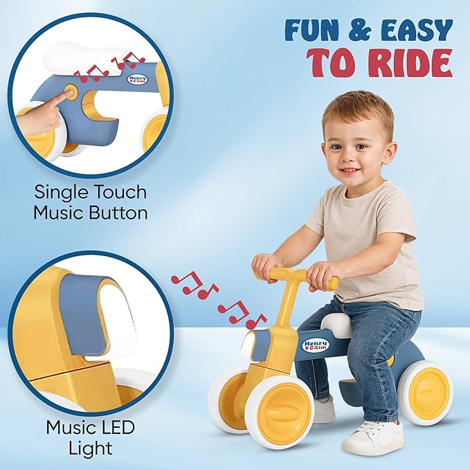 Henry & Colin Baby Balance Bike for Kids - No Pedal 4 Silence Wheels & Soft Seat First Bike, Toddler Walker for Boys & Girls, with Light, Music for 1-3 Year Olds (Blue)