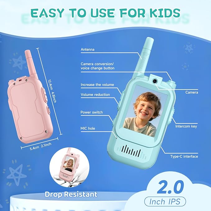Video Walkie Talkies for Kids, Handheld 2 Pack Rechargeable Video Intercom Kids Walkies Talkies, Indoor Outdoor Toys for Family Games, Outside, Camping, Hiking for Boys Girls Ages 3-12 (Blue/Pink)