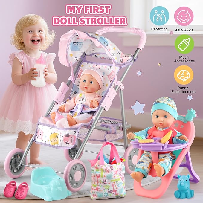 Baby Doll Stroller Play Set with 12.5" Baby Doll,Dining Chair, 2 Sets Clothes and 20 PCS Doll Accessories. Stroller Toy for 3, 4, 5, 6 Year Old Toddler Girls for Realistic Pretend Play.