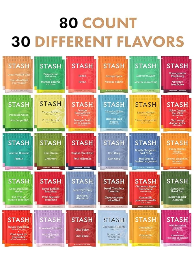 Stash Tea Bags Sampler Assortment Variety Pack 80 Tea Bags 30 Unique Flavors in Bamboo Organizer for Mom Dad Wife Husband Tea Lovers