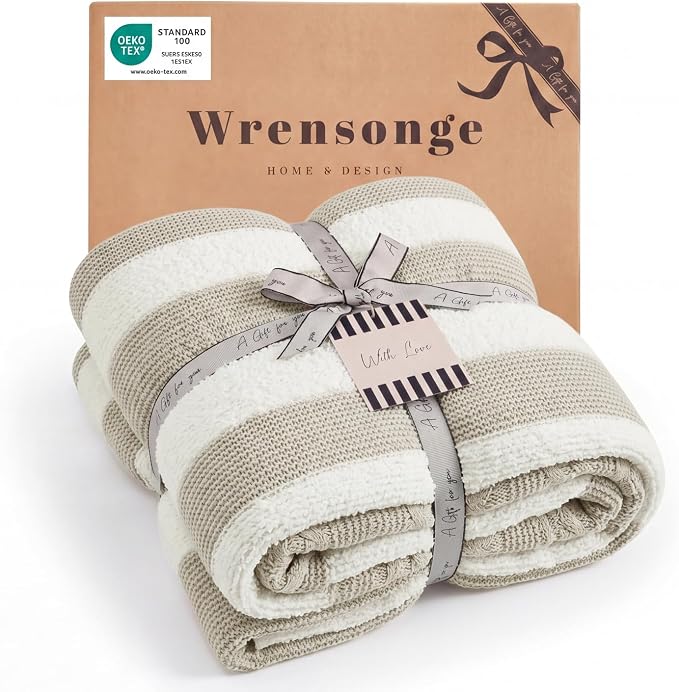 Soft Throw Blanket for Couch-Cozy Reversible Knitted Blankets | Lightweight Warm Fluffy Decor for Women, Mom, Her & Girls, Sofa, Chair, Bed, 50x60in, Feather Yarn Khaki