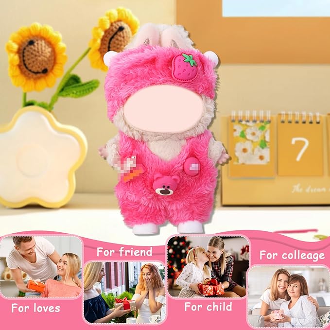 17cm Clothes Set(NO Doll),Hat & Overalls Set for 17cm Accessories Suit,Stylish Adorable Dolls Clothes Accessories,Cute Clothes for Dress up Unique Style (Pink Strawberry Bear)