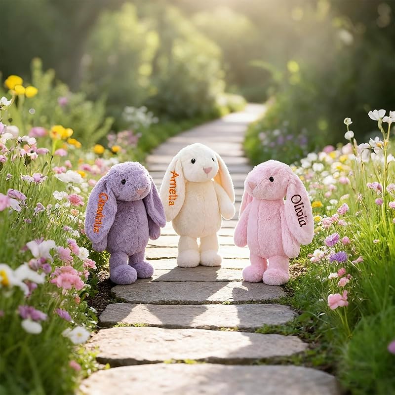 Custom Easter Bunny Plush for Babies with Embroidered Name, Handmade Personalized Plush Rabbit Bunny Stuffed Animal for Girl Boy Baby Gift(11.8inches- 1 ear embroidery)