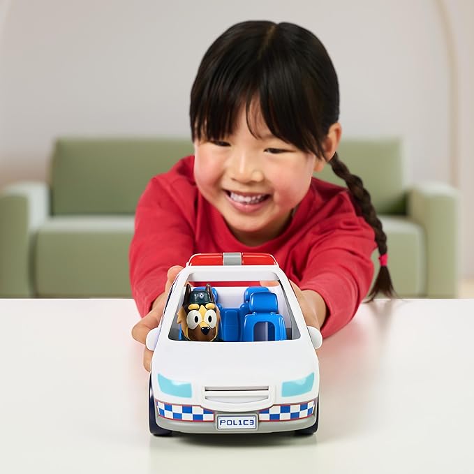 Bluey Police Car, Vehicle from The Special Episode The Sign. Includes Police Car with Flashing Lights & Sounds, Policeman Figure, and Themed Sticker Set. Batteries Included.