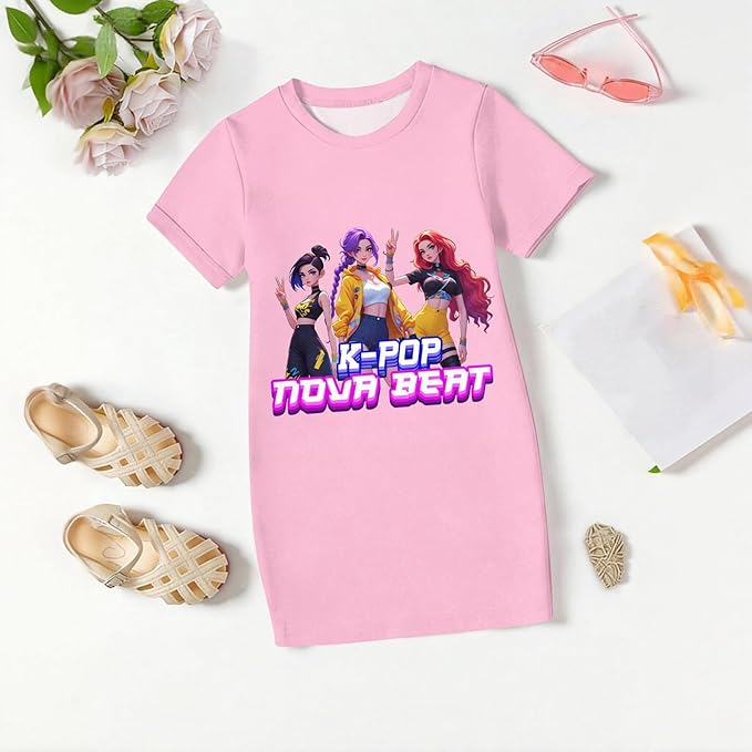 Girl's Anime K-POP Graphic Long Dress T-Shirt - Casual Loose Fit Short Sleeve Top