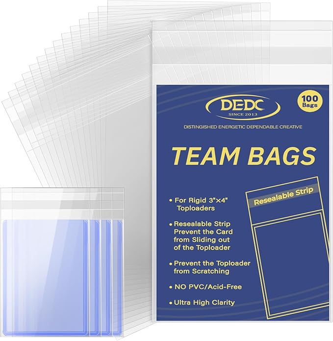 DEDC 100 Pcs Team Bags for Trading Cards, Team Bag Fit 3x4inch 35PT Top Loaders for TCG MTG Shipping Sports Graded Card TOP Loader Sleeves Protector