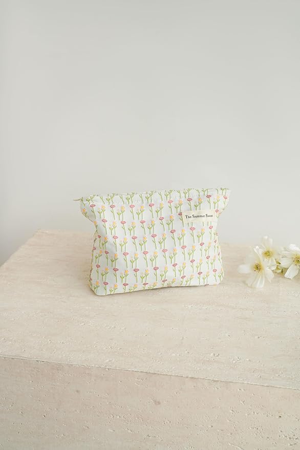 The Summer Swan Large Aesthetic Makeup Bag | Floral Makeup Bag | Mid-Day Clutch | Period Kit Bag | Hygiene Bag | Skincare Bag (Morning Buds)