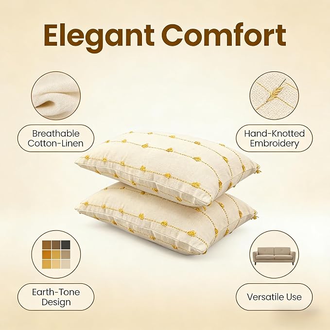 JMGBird Rectangle Throw Pillow Inserts Decorative Pillows, Inserts & Covers | 12x20 Inch Decorative Throw Pillows Set of 2, Yellow Flower Stripes - Lumbar Pillows with Inserts for Indoor Home Decor