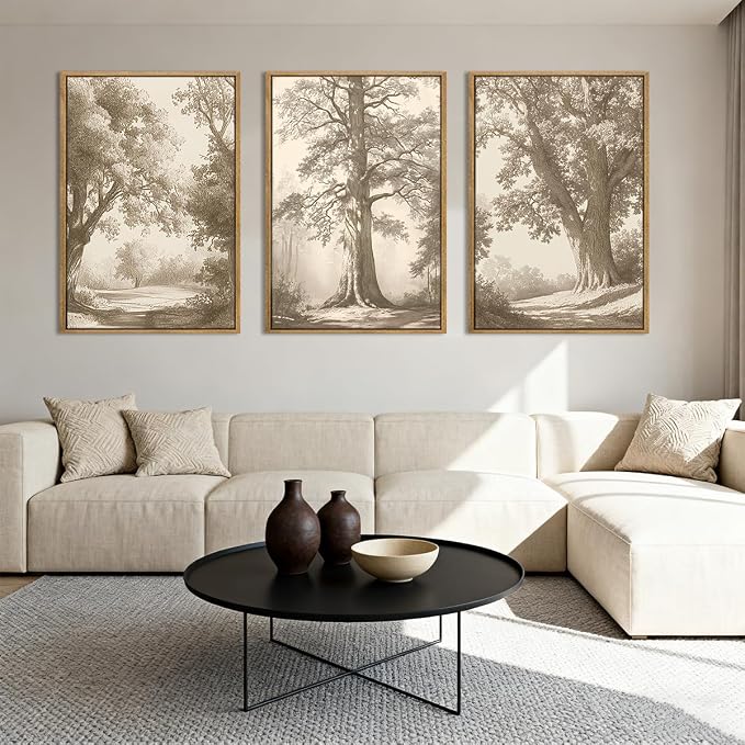 Vintage Tree Canvas Wall Art Framed Rustic Tree Landscape Sketch Antique Painting Neutral Forest Wall Decor 16x24 Inch Farmhouse Botanical Set of 3 for Living Room Bedroom